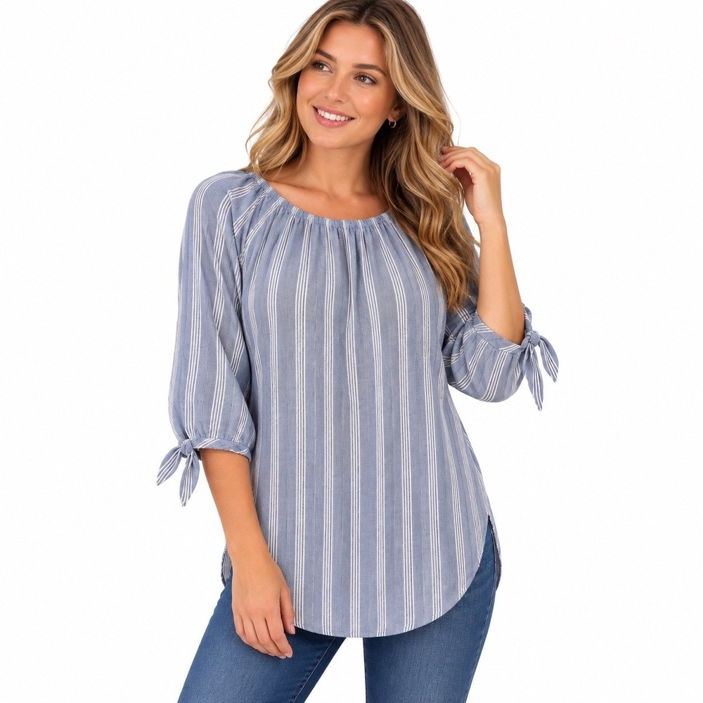 Fred David Striped Boat Neck Tie Sleeve Tunic Top Women's XL Gray White
